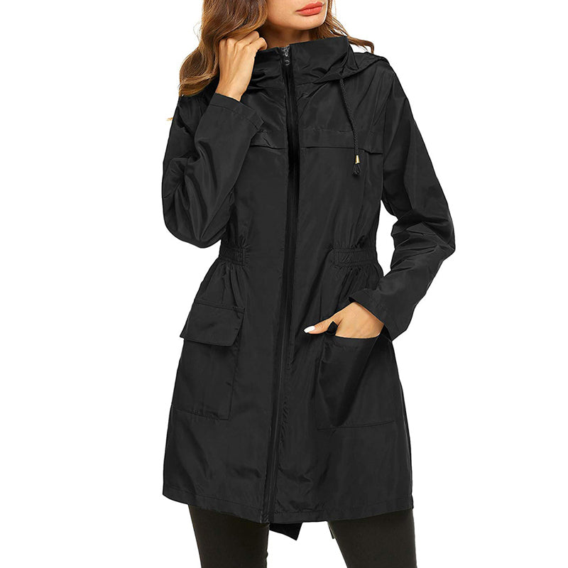 Women’s Raincoat – Water-Resistant – Cinched Waist – Hooded – Lightweight Packable