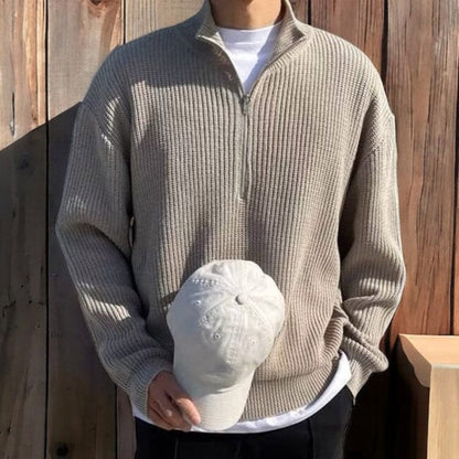 Men’s Half Zip Sweater – Wool Blend – Ribbed Knit – Relaxed Fit – Casual Layer