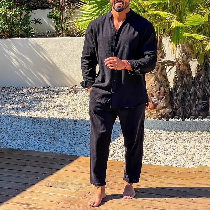 Men’s Linen Set – Relaxed Fit Shirt and Straight-Leg Pants – Lightweight Breathable Casual Wear