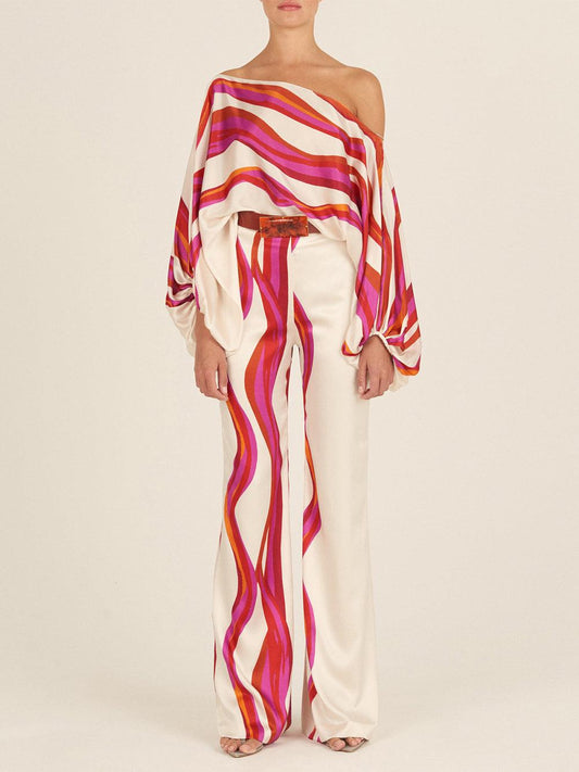 Women’s Two-Piece Set – Off-Shoulder Blouse – Relaxed Fit – Silk Feel – Draped Sleeves – Striped