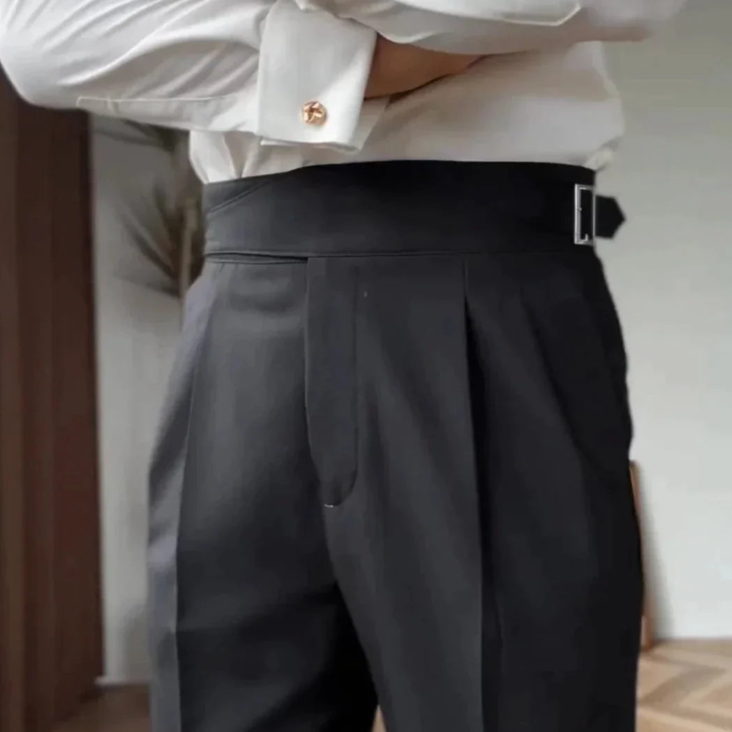 Men’s High-Waisted Trousers – Tailored Fit – Pleated Front – Adjustable Side Buckle