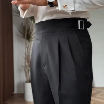 Men’s High-Waisted Trousers – Tailored Fit – Pleated Front – Adjustable Side Buckle