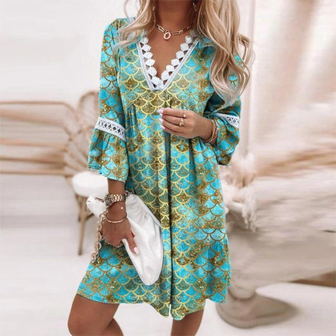 Women’s Boho Dress – Relaxed Fit – Natural Fibers – V-Neck Lace Trim – Printed