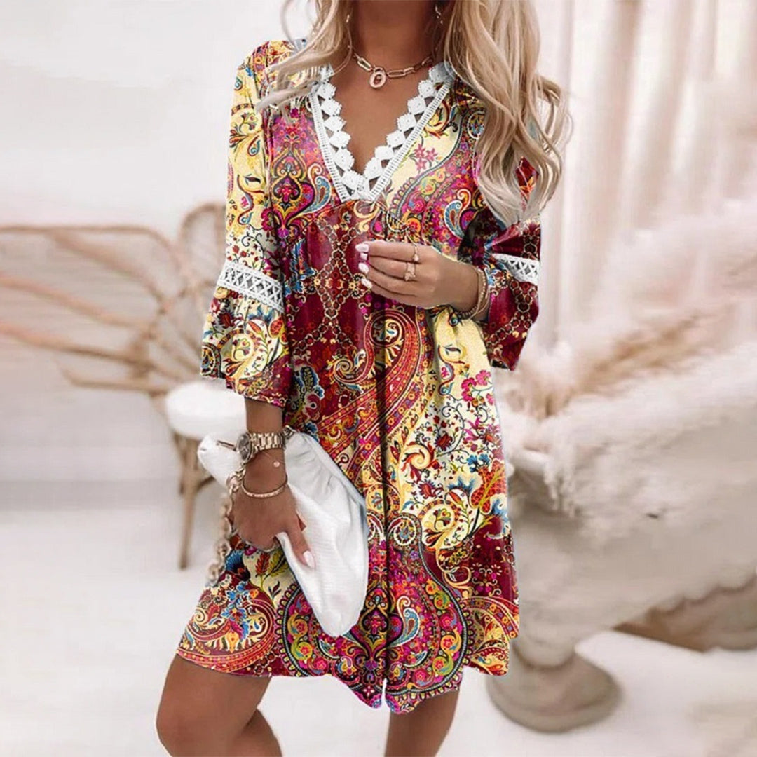 Women’s Boho Dress – Relaxed Fit – Natural Fibers – V-Neck Lace Trim – Printed