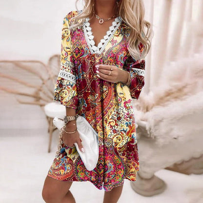 Women’s Boho Dress – Relaxed Fit – Natural Fibers – V-Neck Lace Trim – Printed