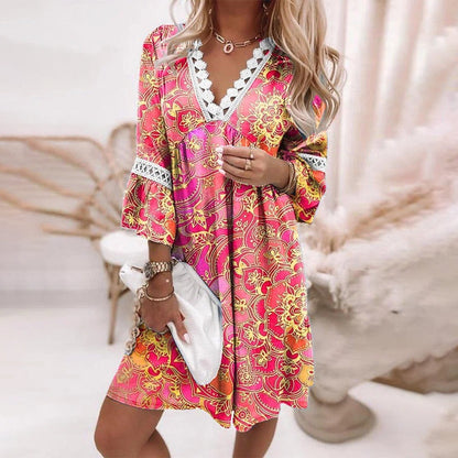 Women’s Boho Dress – Relaxed Fit – Natural Fibers – V-Neck Lace Trim – Printed