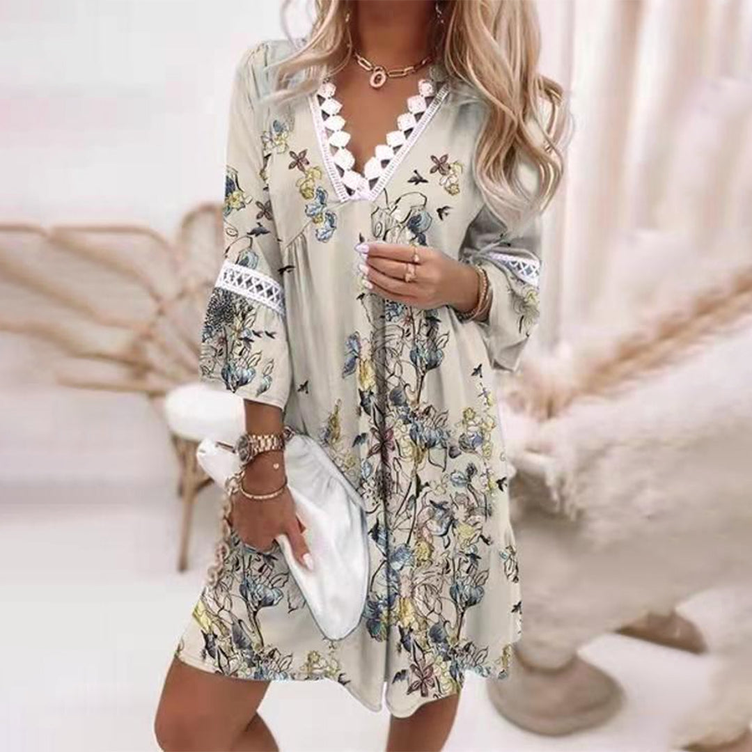 Women’s Boho Dress – Relaxed Fit – Natural Fibers – V-Neck Lace Trim – Printed