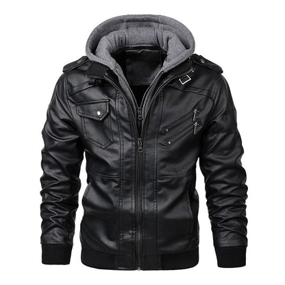 Men’s Leather Jacket – Fitted Silhouette – Hooded – Zip Pockets – Ribbed Cuffs