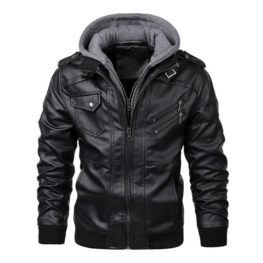 Men’s Leather Jacket – Fitted Silhouette – Hooded – Zip Pockets – Ribbed Cuffs