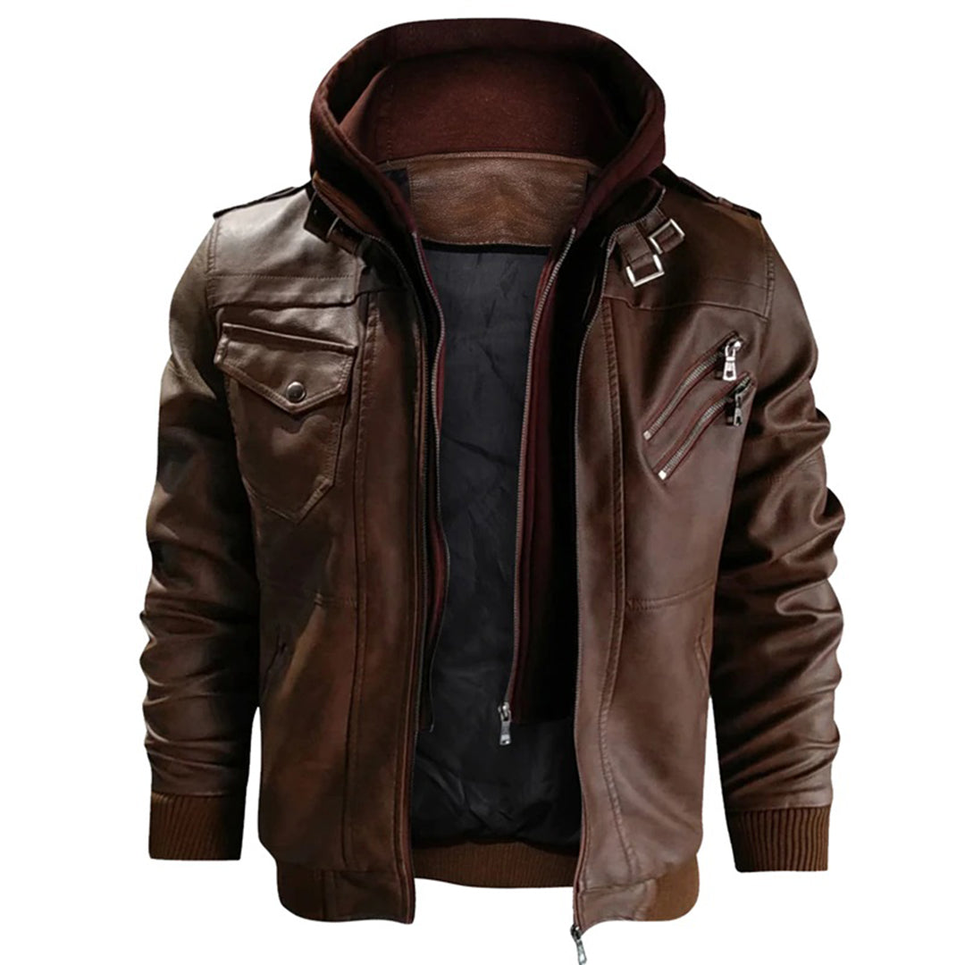 Men’s Leather Jacket – Fitted Silhouette – Hooded – Zip Pockets – Ribbed Cuffs