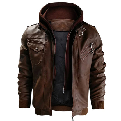 Men’s Leather Jacket – Fitted Silhouette – Hooded – Zip Pockets – Ribbed Cuffs
