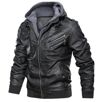 Men’s Leather Jacket – Fitted Silhouette – Hooded – Zip Pockets – Ribbed Cuffs