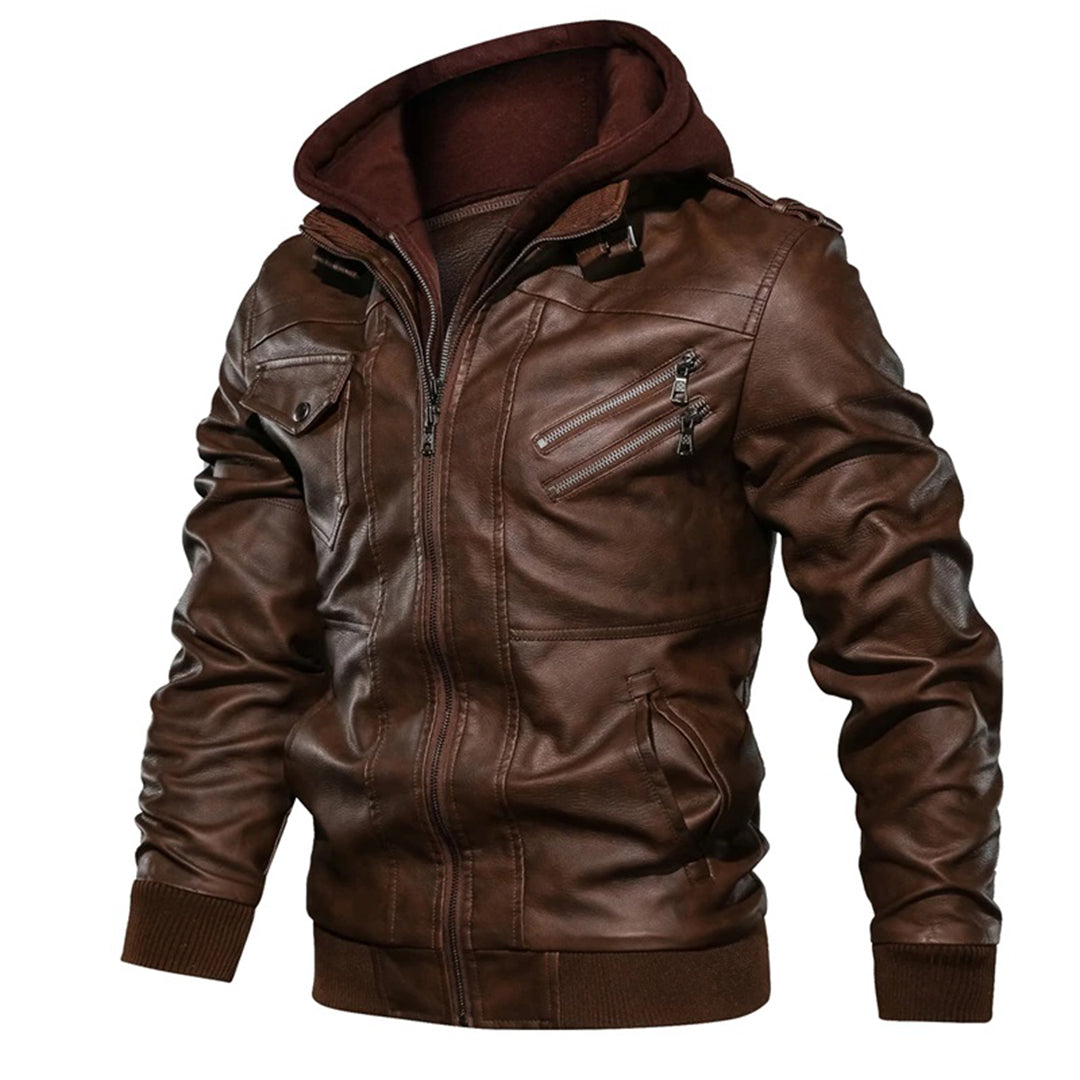 Men’s Leather Jacket – Fitted Silhouette – Hooded – Zip Pockets – Ribbed Cuffs