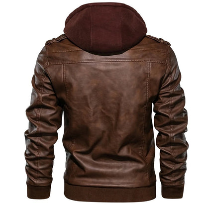 Men’s Leather Jacket – Fitted Silhouette – Hooded – Zip Pockets – Ribbed Cuffs