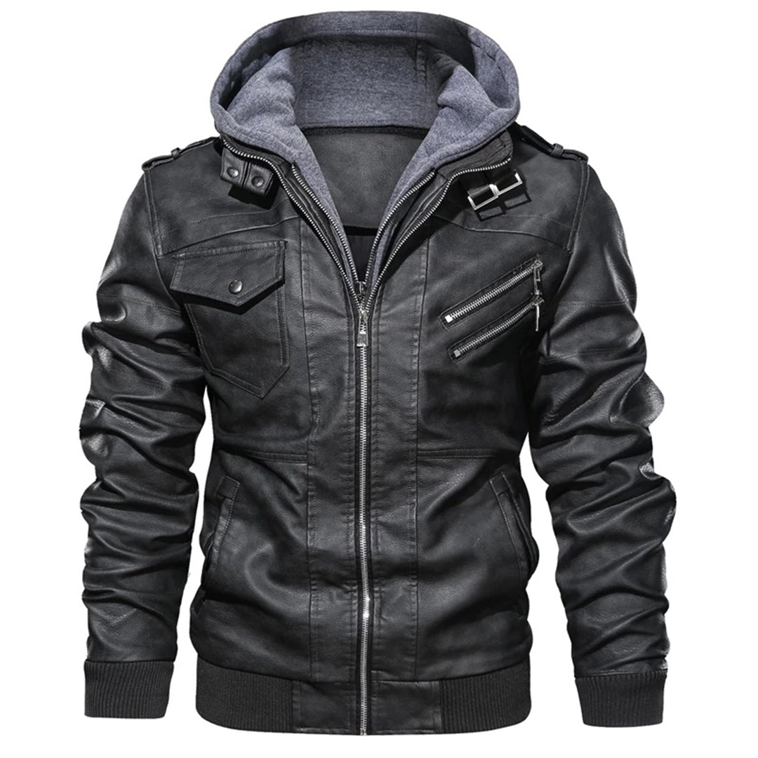 Men’s Leather Jacket – Fitted Silhouette – Hooded – Zip Pockets – Ribbed Cuffs