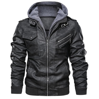 Men’s Leather Jacket – Fitted Silhouette – Hooded – Zip Pockets – Ribbed Cuffs