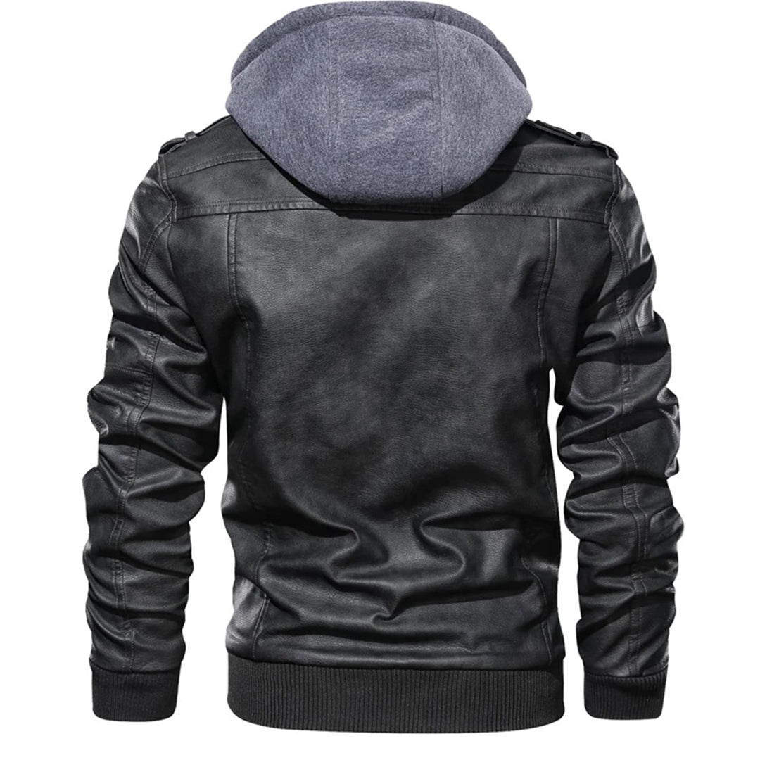Men’s Leather Jacket – Fitted Silhouette – Hooded – Zip Pockets – Ribbed Cuffs