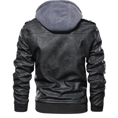 Men’s Leather Jacket – Fitted Silhouette – Hooded – Zip Pockets – Ribbed Cuffs