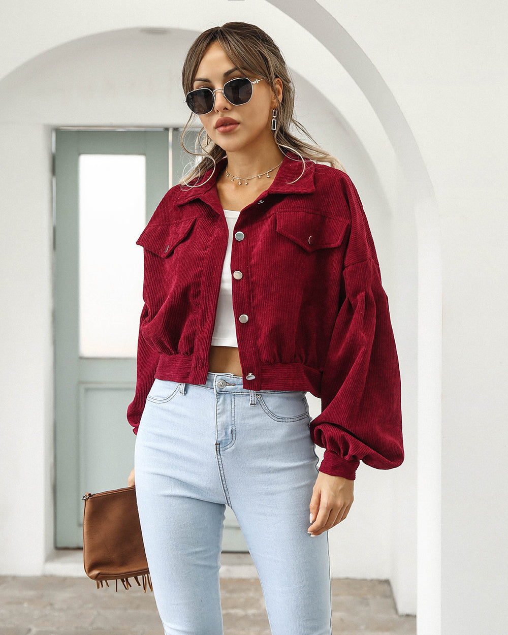 Women’s Cropped Jacket – Oversized Fit – Corduroy Texture – Balloon Sleeves – Chest Pockets