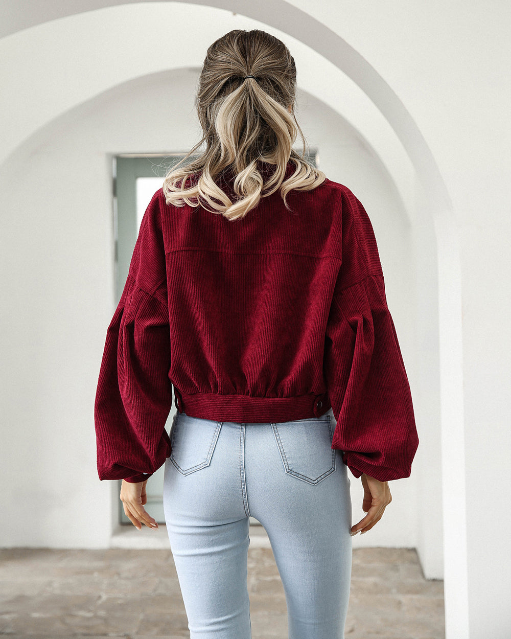 Women’s Cropped Jacket – Oversized Fit – Corduroy Texture – Balloon Sleeves – Chest Pockets