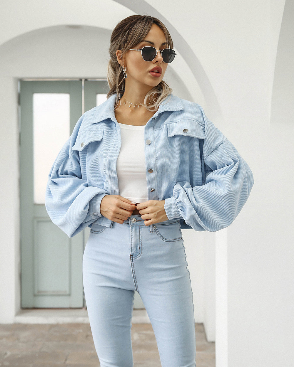 Women’s Cropped Jacket – Oversized Fit – Corduroy Texture – Balloon Sleeves – Chest Pockets