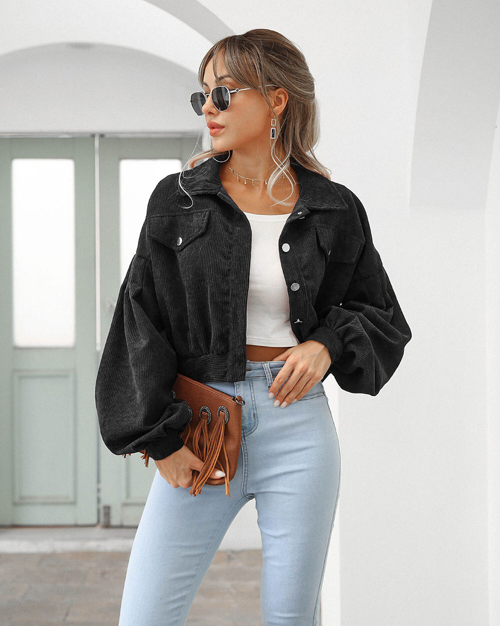 Women’s Cropped Jacket – Oversized Fit – Corduroy Texture – Balloon Sleeves – Chest Pockets