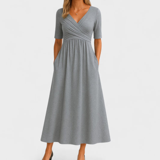 Rosie Fitted A-Line Midi Dress | Wrap Bodice Ruched Waist Dress