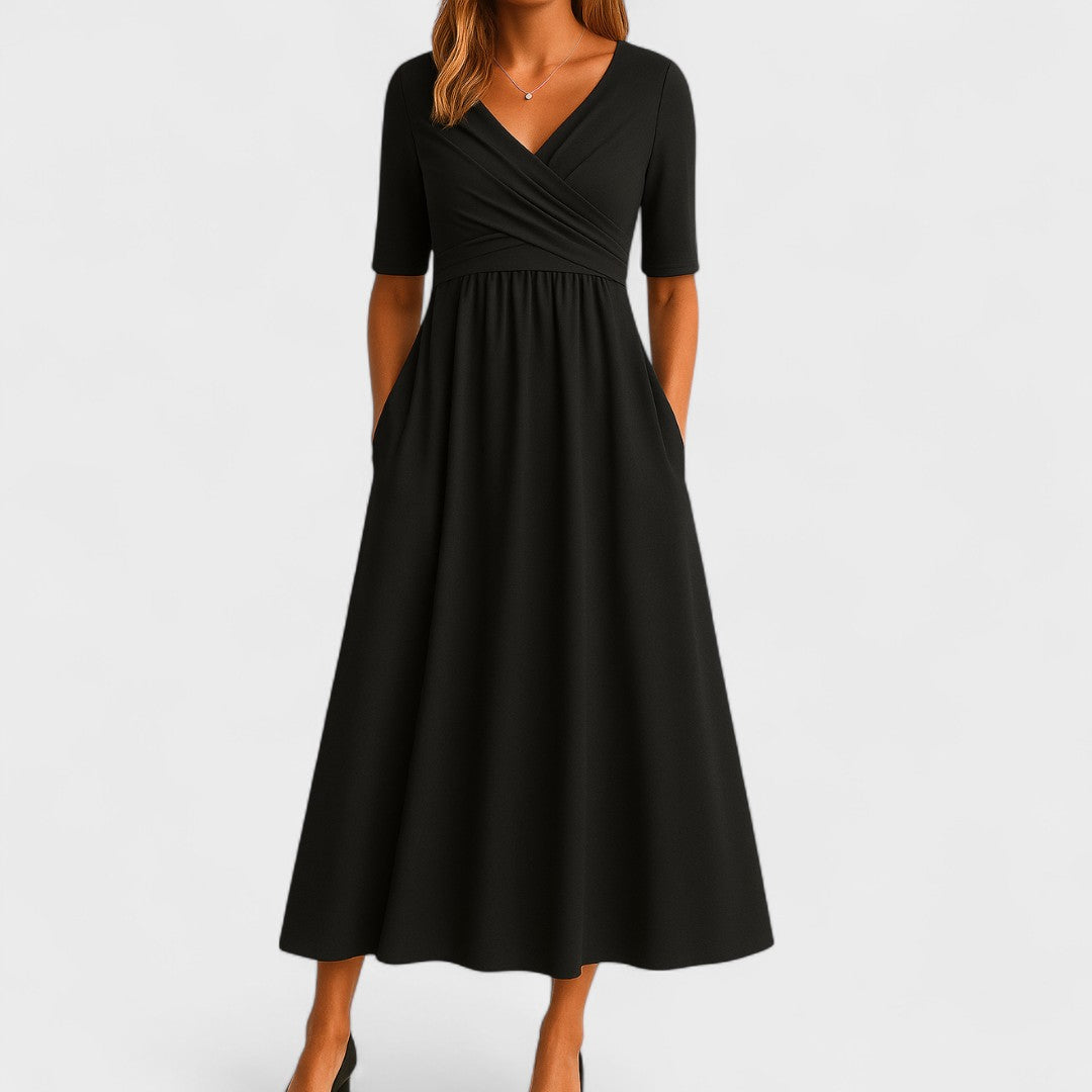 Rosie Fitted A-Line Midi Dress | Wrap Bodice Ruched Waist Dress