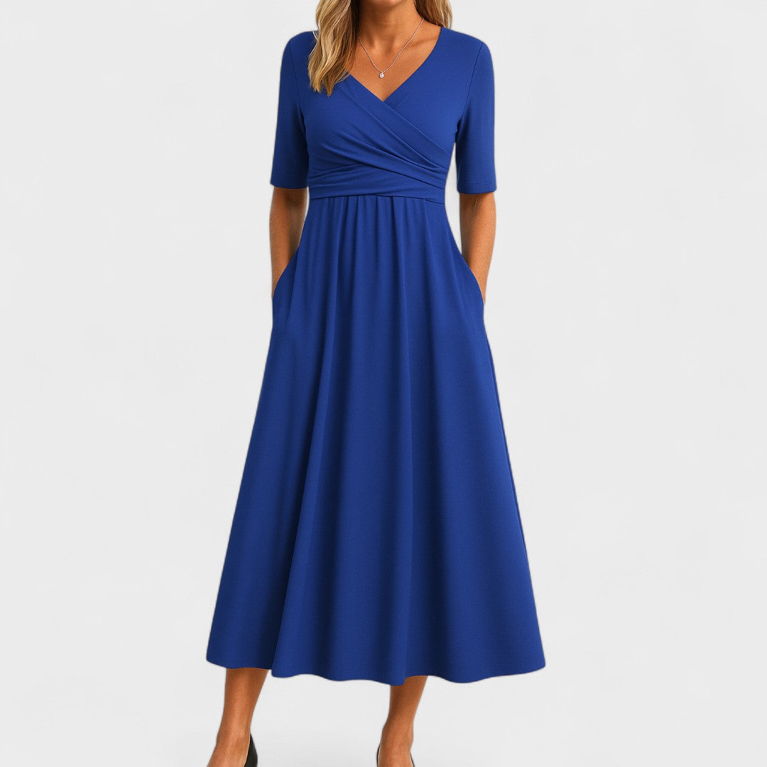 Rosie Fitted A-Line Midi Dress | Wrap Bodice Ruched Waist Dress
