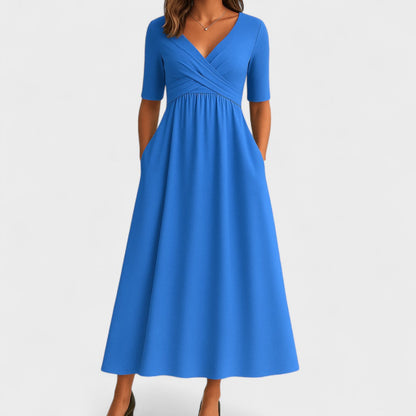 Rosie Fitted A-Line Midi Dress | Wrap Bodice Ruched Waist Dress