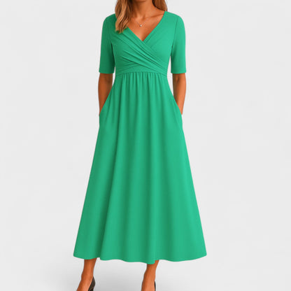 Rosie Fitted A-Line Midi Dress | Wrap Bodice Ruched Waist Dress
