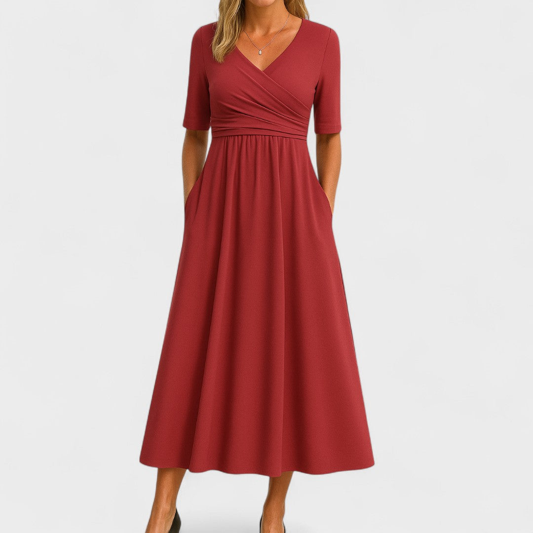 Rosie Fitted A-Line Midi Dress | Wrap Bodice Ruched Waist Dress