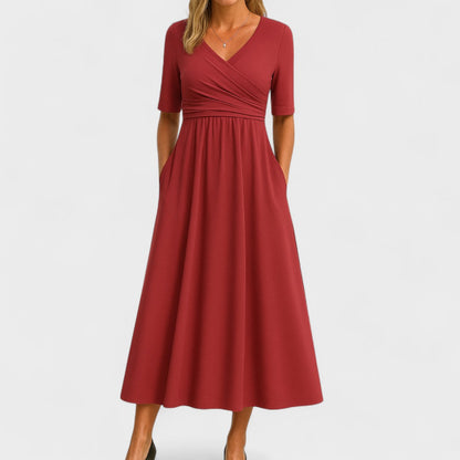 Rosie Fitted A-Line Midi Dress | Wrap Bodice Ruched Waist Dress