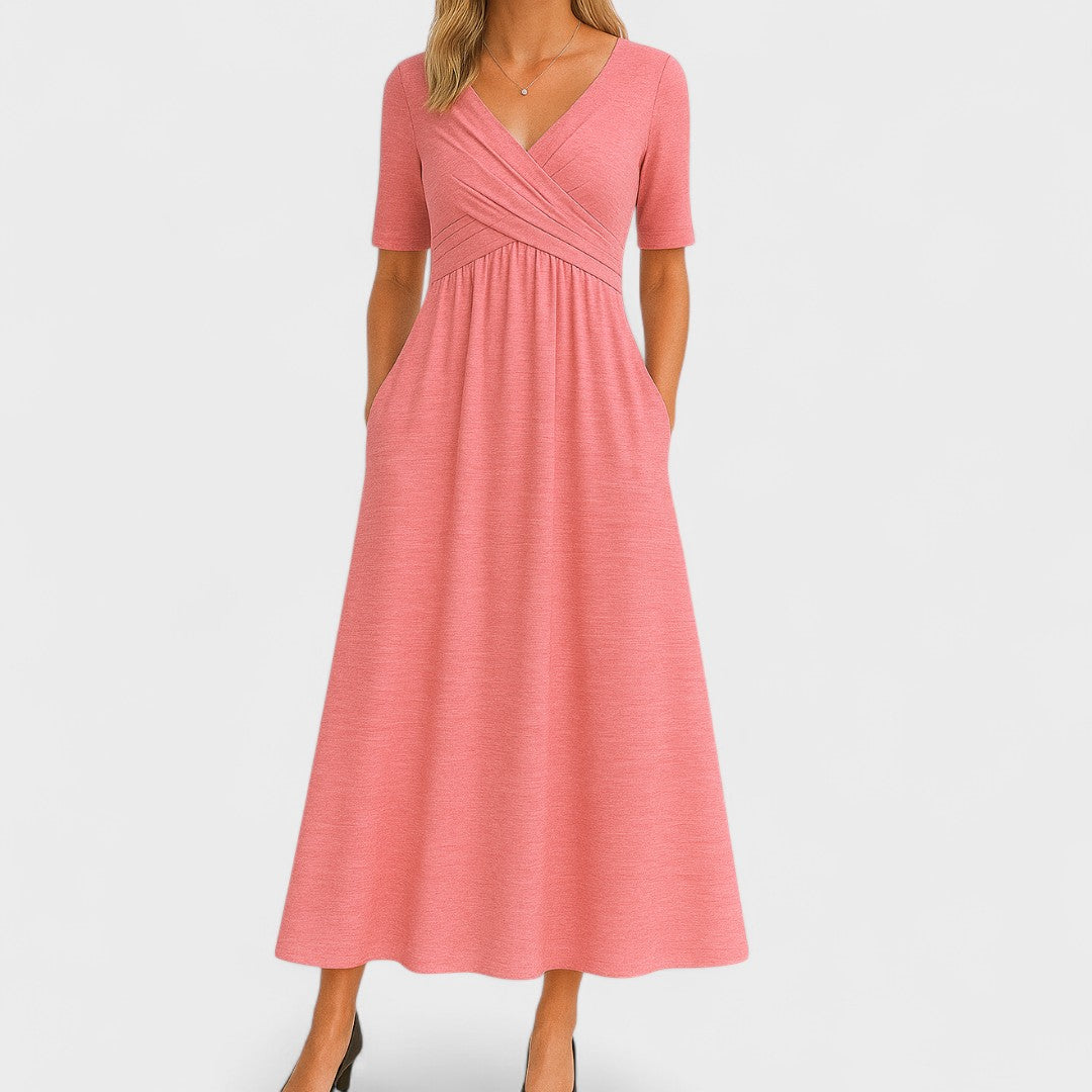 Rosie Fitted A-Line Midi Dress | Wrap Bodice Ruched Waist Dress