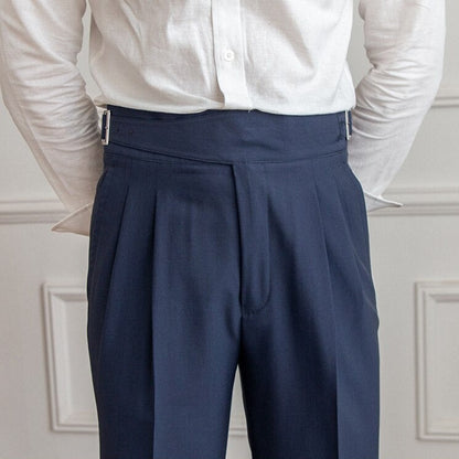 Men’s High-Waisted Trousers – Tailored Fit – Pleated Front – Adjustable Side Buckle