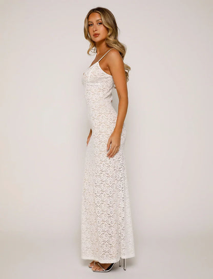 Women’s Evening Dress – Slim Fit – Full Length – Lace – V-Neck Spaghetti Strap