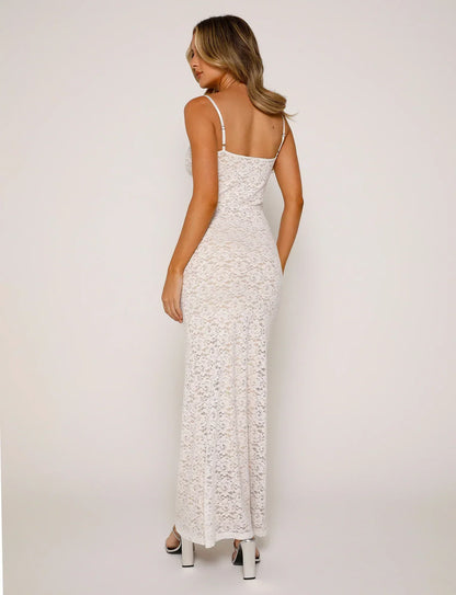 Women’s Evening Dress – Slim Fit – Full Length – Lace – V-Neck Spaghetti Strap