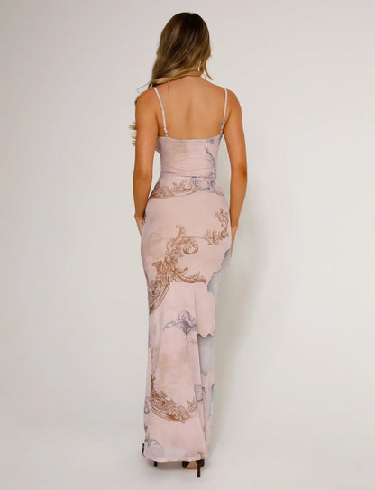 Women’s Full-Length Dress – Fitted Silhouette – Lace V-Neck – Thin Strap Formal Wear