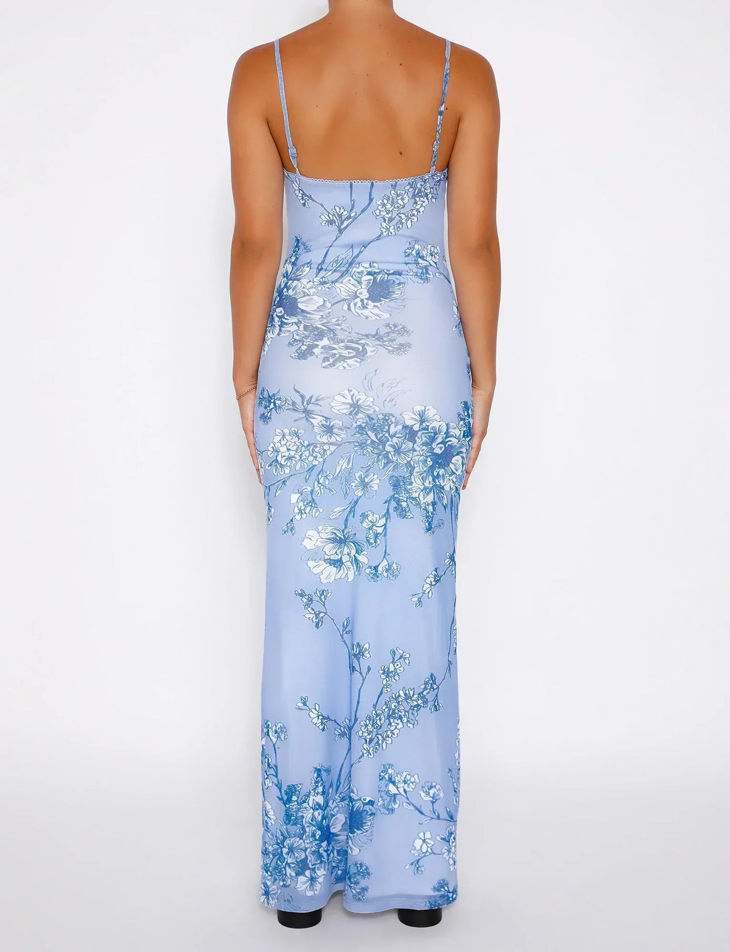 Women’s Evening Dress – Slim Fit – Spaghetti Straps – Full Length – Floral Detail