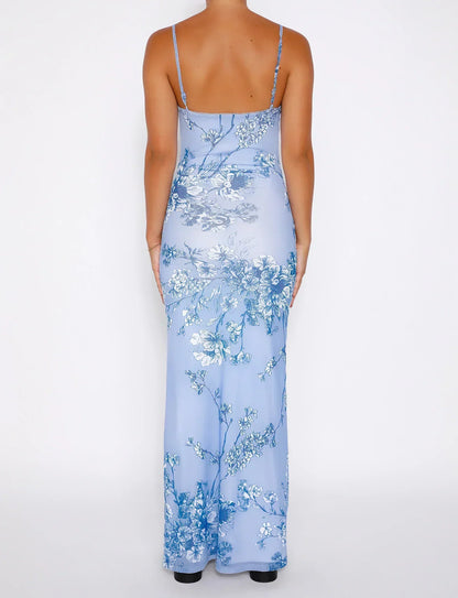 Women’s Evening Dress – Slim Fit – Spaghetti Straps – Full Length – Floral Detail
