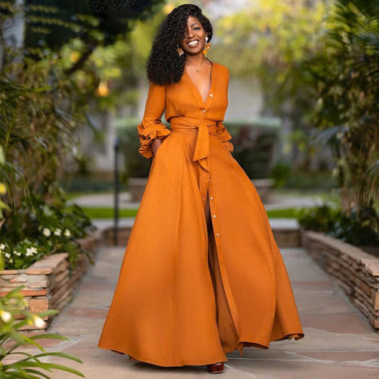 Women’s Maxi Dress – Flowing A-Line Fit – Ruffled Sleeves – Button Front – Tie Waist