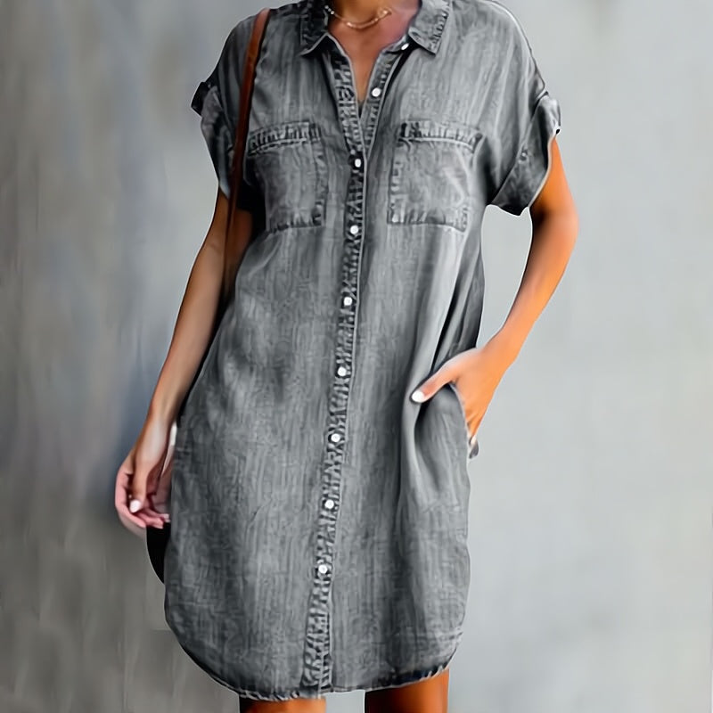 Women’s Shirt Dress – Relaxed Fit – Button-Down Front – Natural Fibers – Knee Length