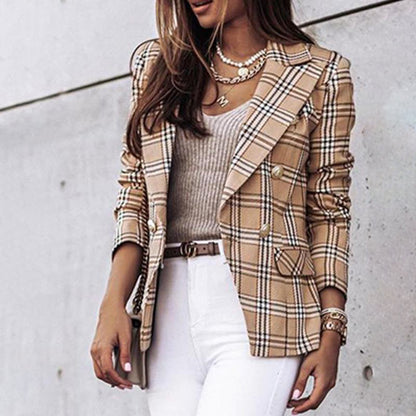 Women’s Blazer – Tailored Fit – Wool Blend – Double-Breasted Plaid – Structured Design