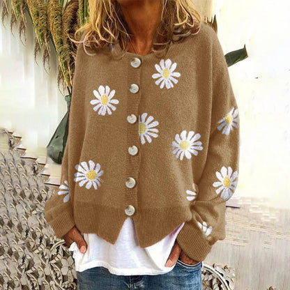 Women’s Cardigan – Oversized Fit – Soft Knit – Daisy Print – Ribbed Trim – Button Front