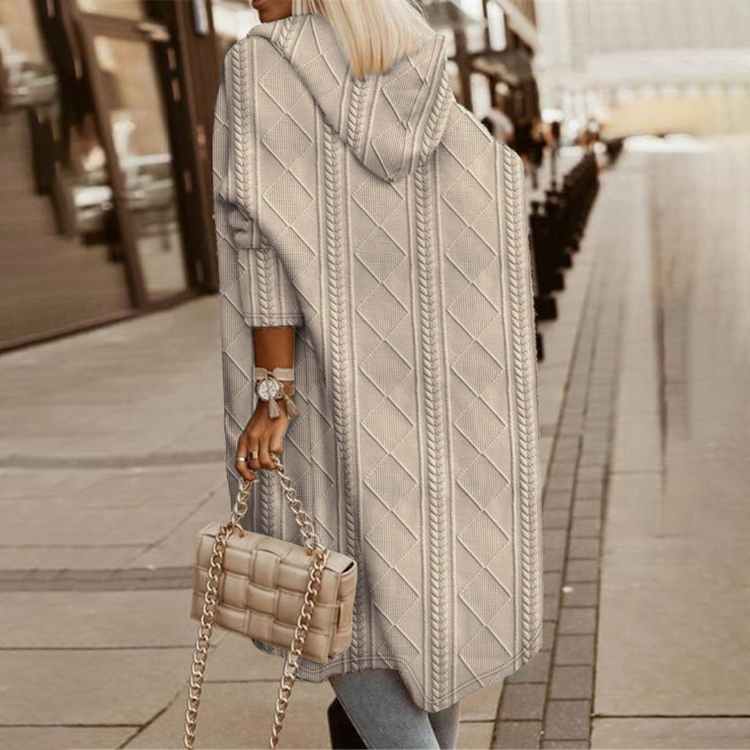 Women’s Long Hooded Coat – Knitted Wool Feel – Oversized Fit – Cable Knit – Casual Layer