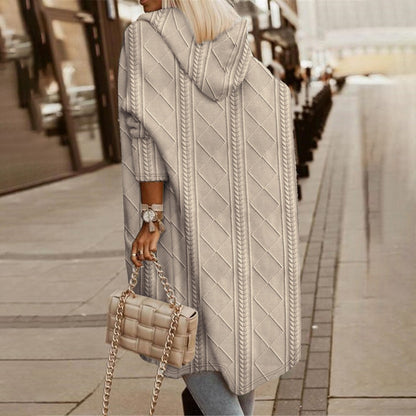 Women’s Long Hooded Coat – Knitted Wool Feel – Oversized Fit – Cable Knit – Casual Layer