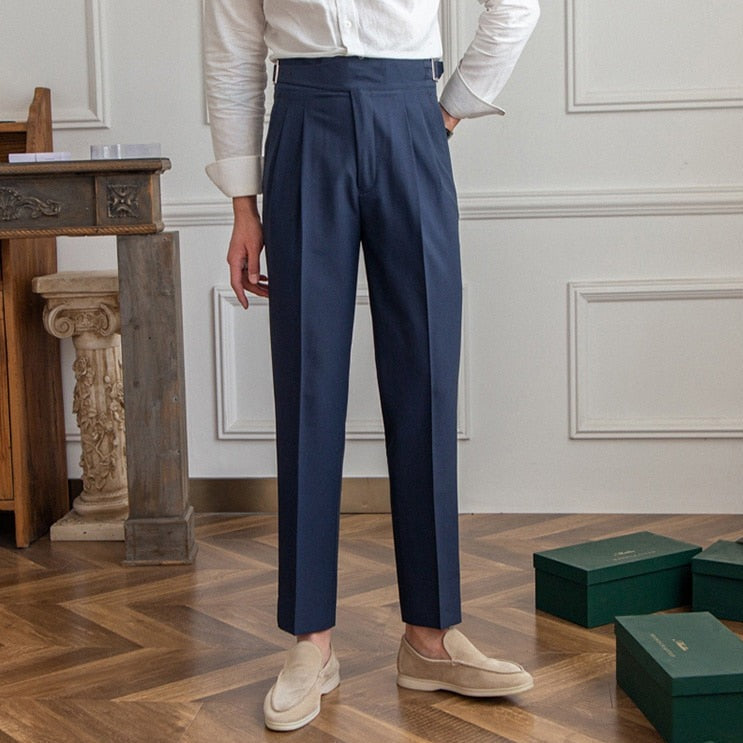 Men’s High-Waisted Trousers – Tailored Fit – Pleated Front – Adjustable Side Buckle