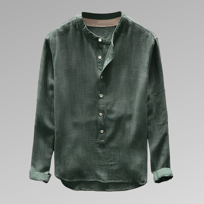 Men’s Long Sleeve Shirt – Relaxed Fit – Mandarin Collar – Half Button – Breathable Blend