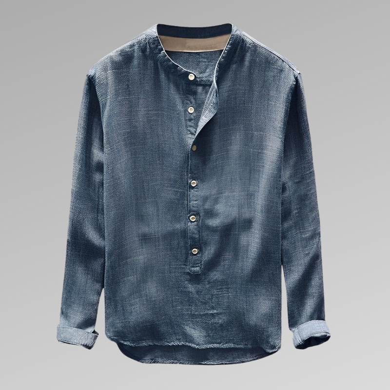 Men’s Long Sleeve Shirt – Relaxed Fit – Mandarin Collar – Half Button – Breathable Blend