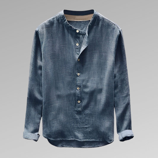 Men’s Long Sleeve Shirt – Relaxed Fit – Mandarin Collar – Half Button – Breathable Blend